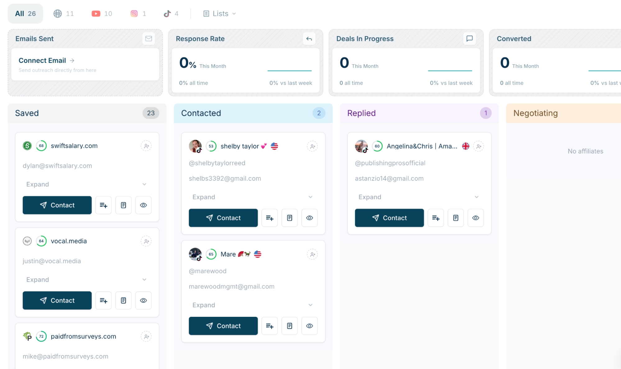 AffiliateFinder.ai recruitment pipeline - Kanban board for managing affiliate outreach