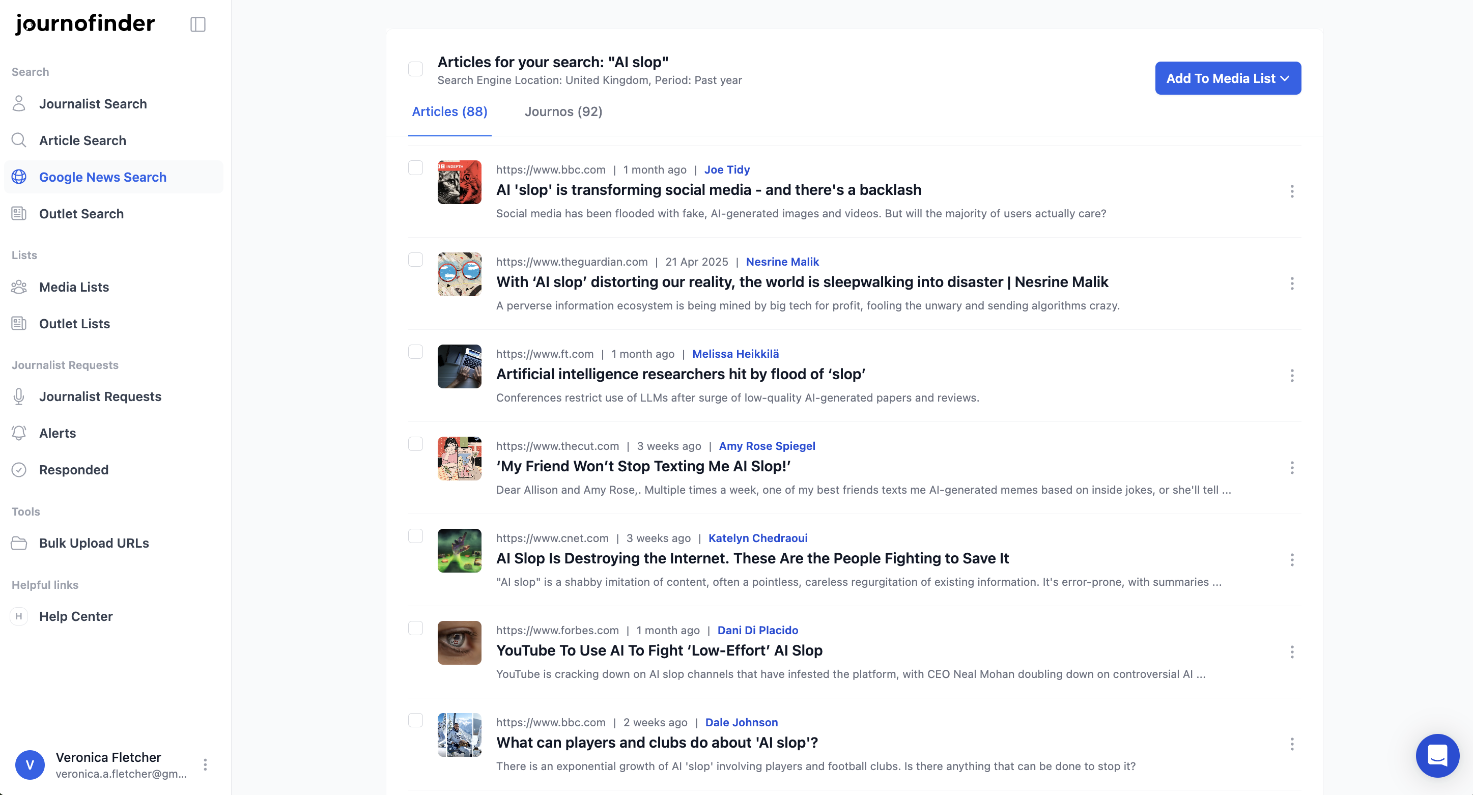 JournoFinder's Live Google News Search - find journalists covering breaking stories in real time